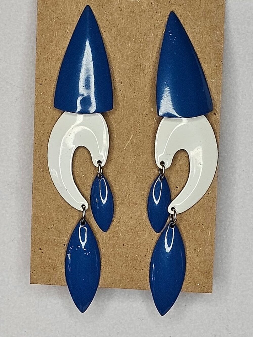Vintage 80s Geometric Enamel Dangle Earrings – Cobalt Blue & White